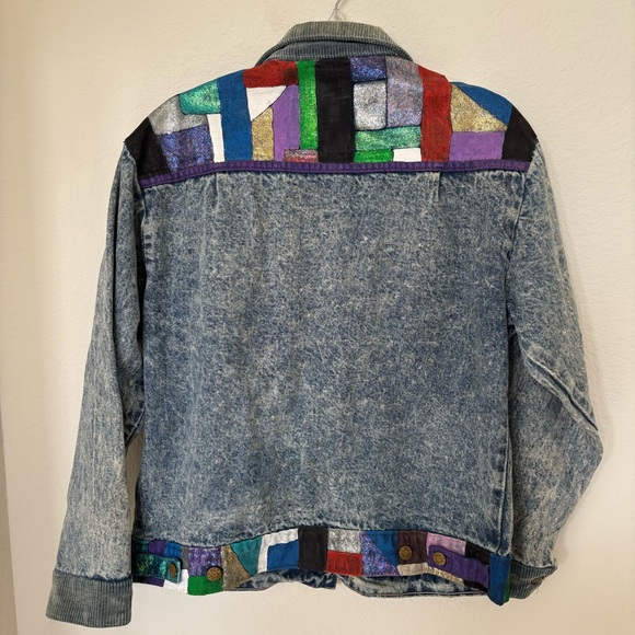 Acid Wash Denim Jacket w/ Hand Painted Color Blocks - Picture 2 of 6